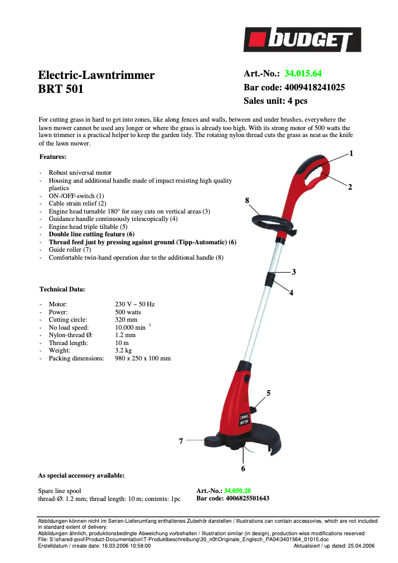 Page n°1 - Fiche technique Budget BRT 501