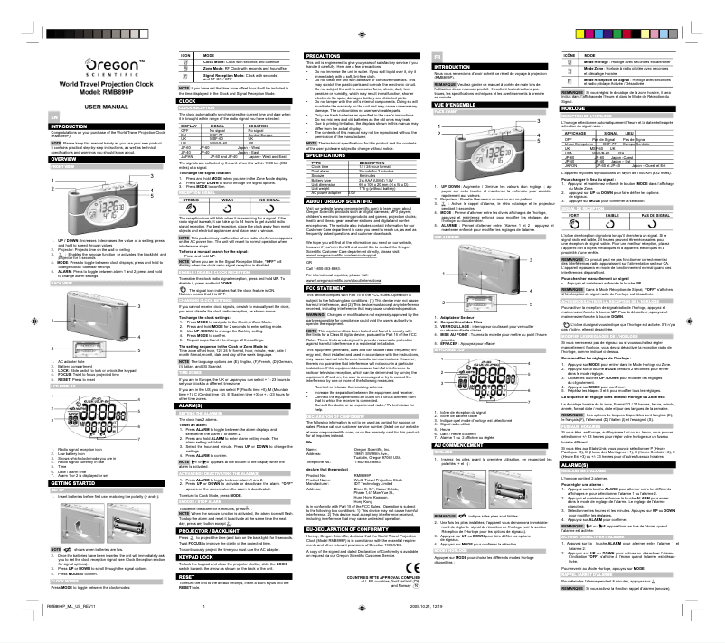 Page 1 de la notice Manuel utilisateur Oregon Scientific RMB899P