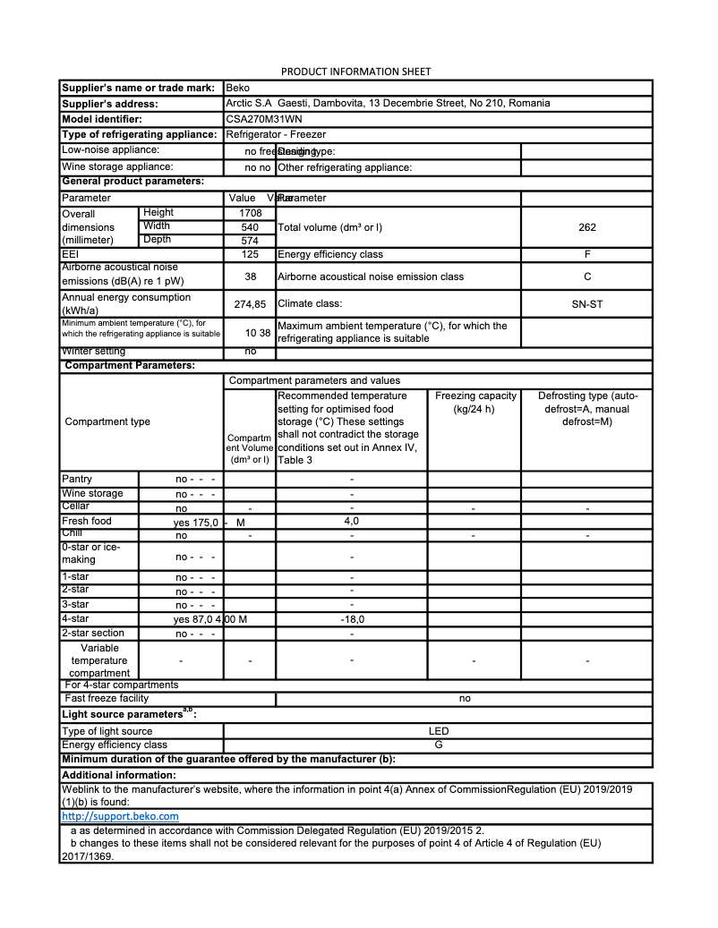 Page 1 de la notice Fiche technique Beko CSA270M31WN