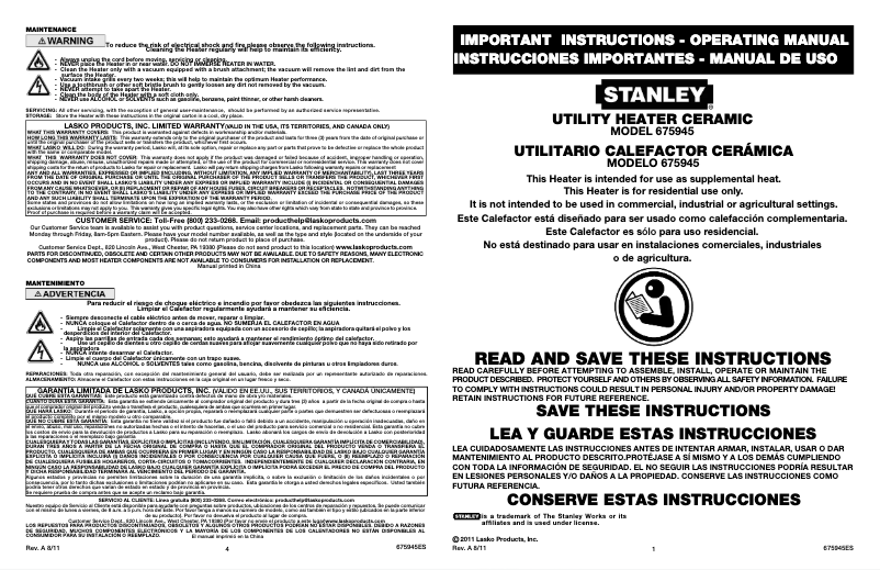 Page 1 de la notice Manuel utilisateur Lasko Stanley 675945