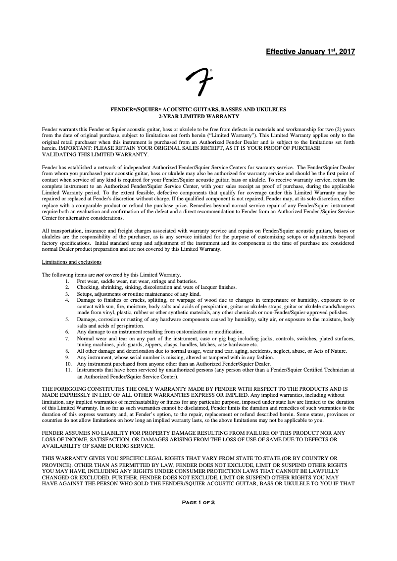 Page 1 de la notice Informations de garantie Fender Malibu Classic