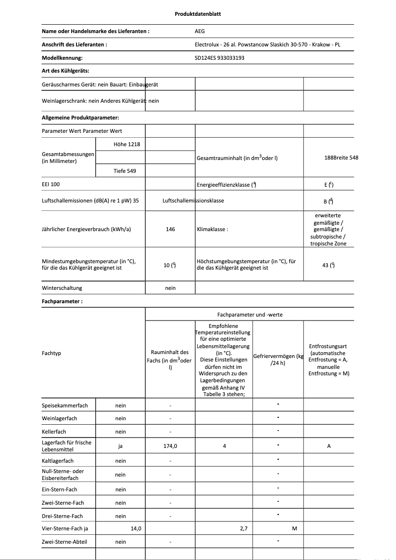 Page n°1 - Fiche technique AEG SD124ES