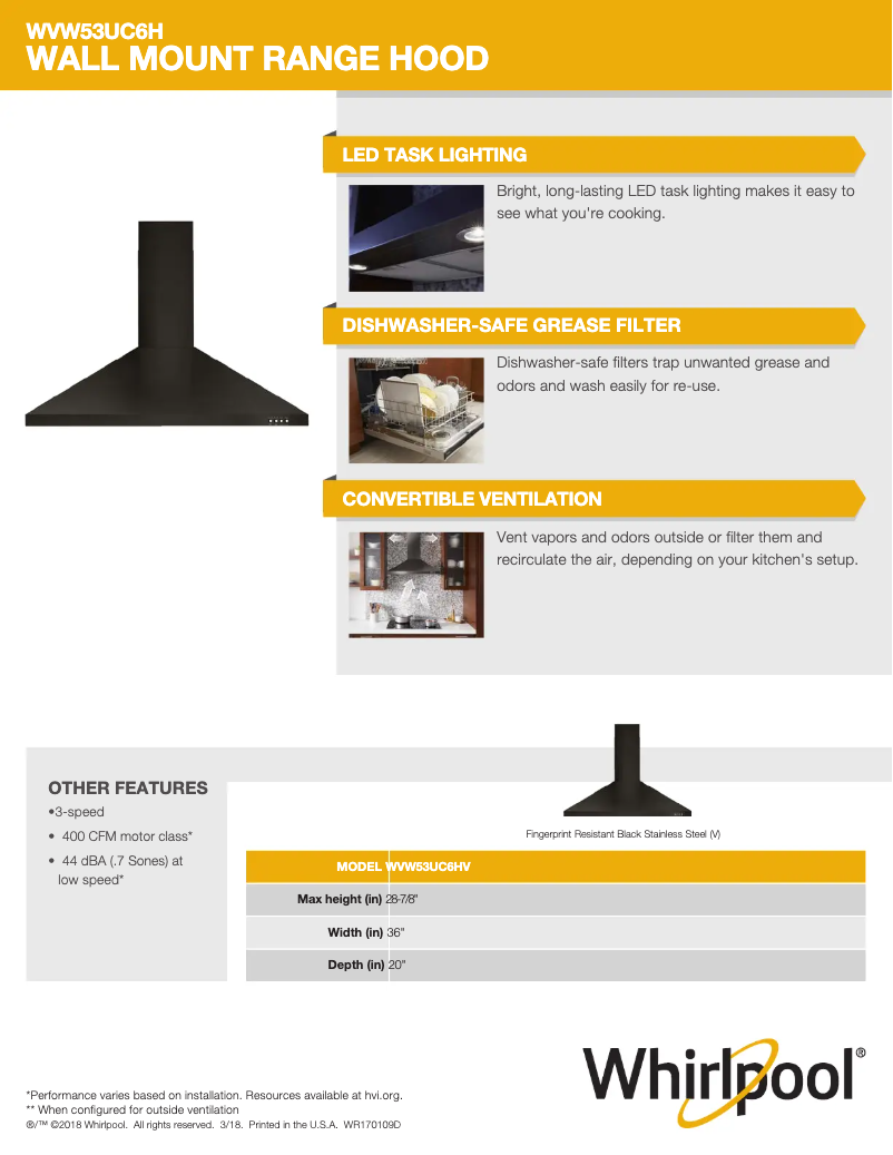 Page 1 de la notice Fiche technique Whirlpool WVW53UC6HV