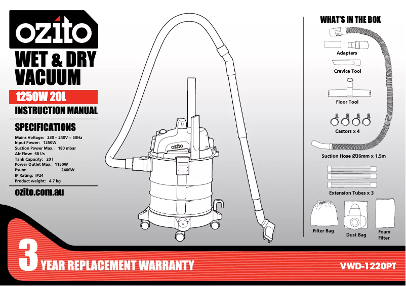 Page 1 de la notice Manuel utilisateur Ozito VWD-1220PT