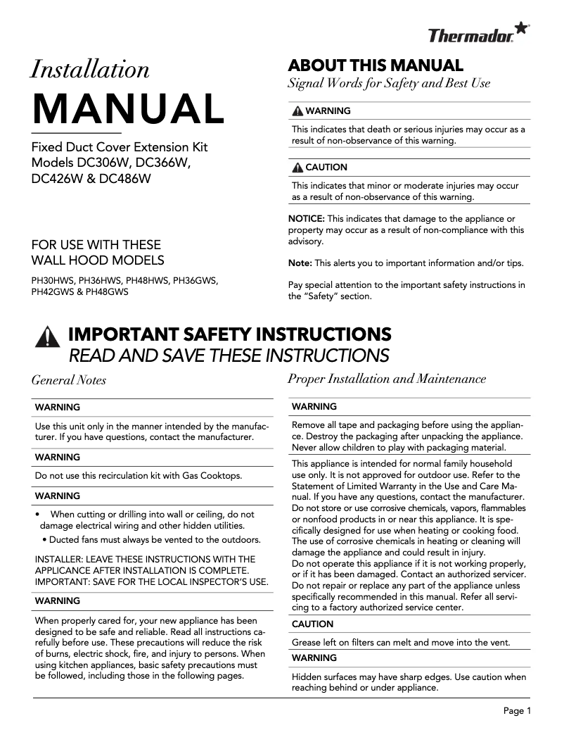 Page 1 de la notice Guide d'installation Thermador DC486W