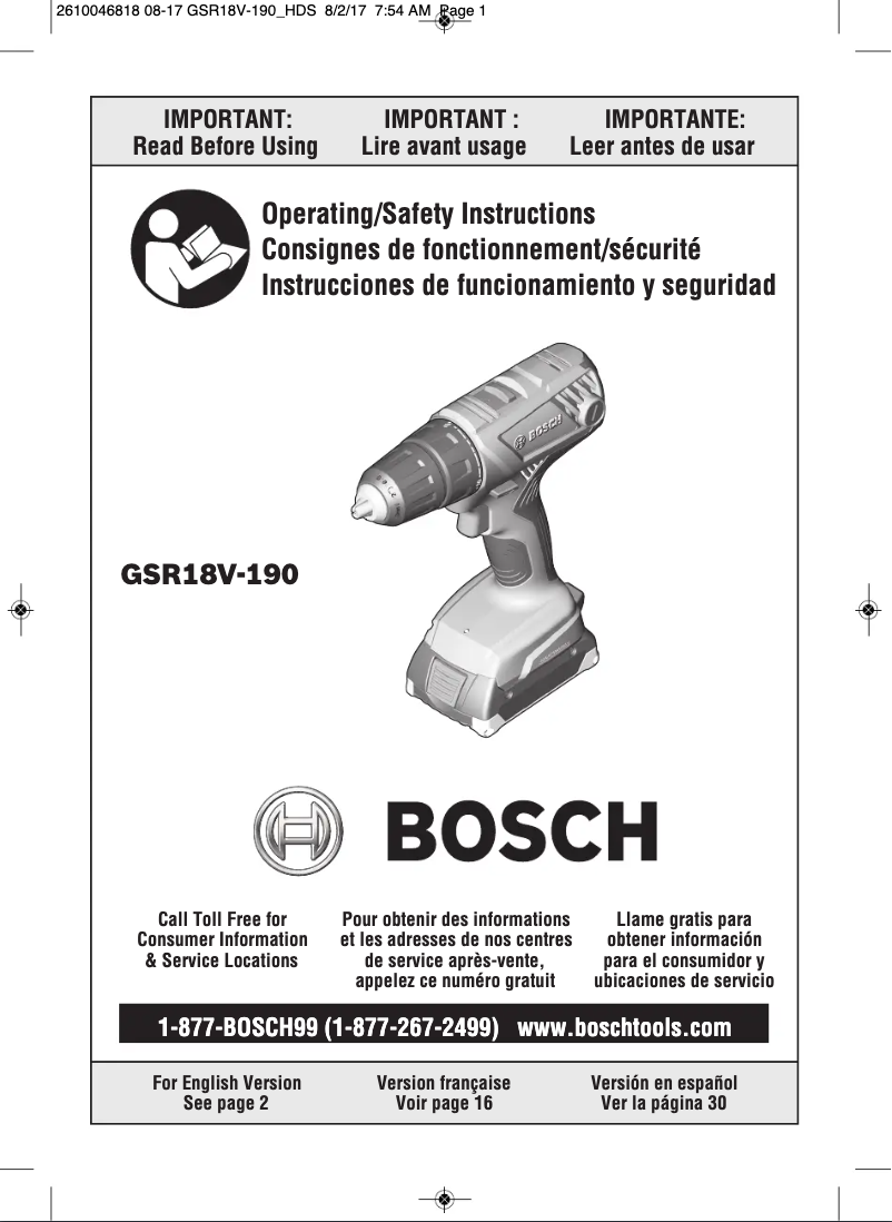 Page n°1 - Manuel utilisateur Bosch GSR18V-190