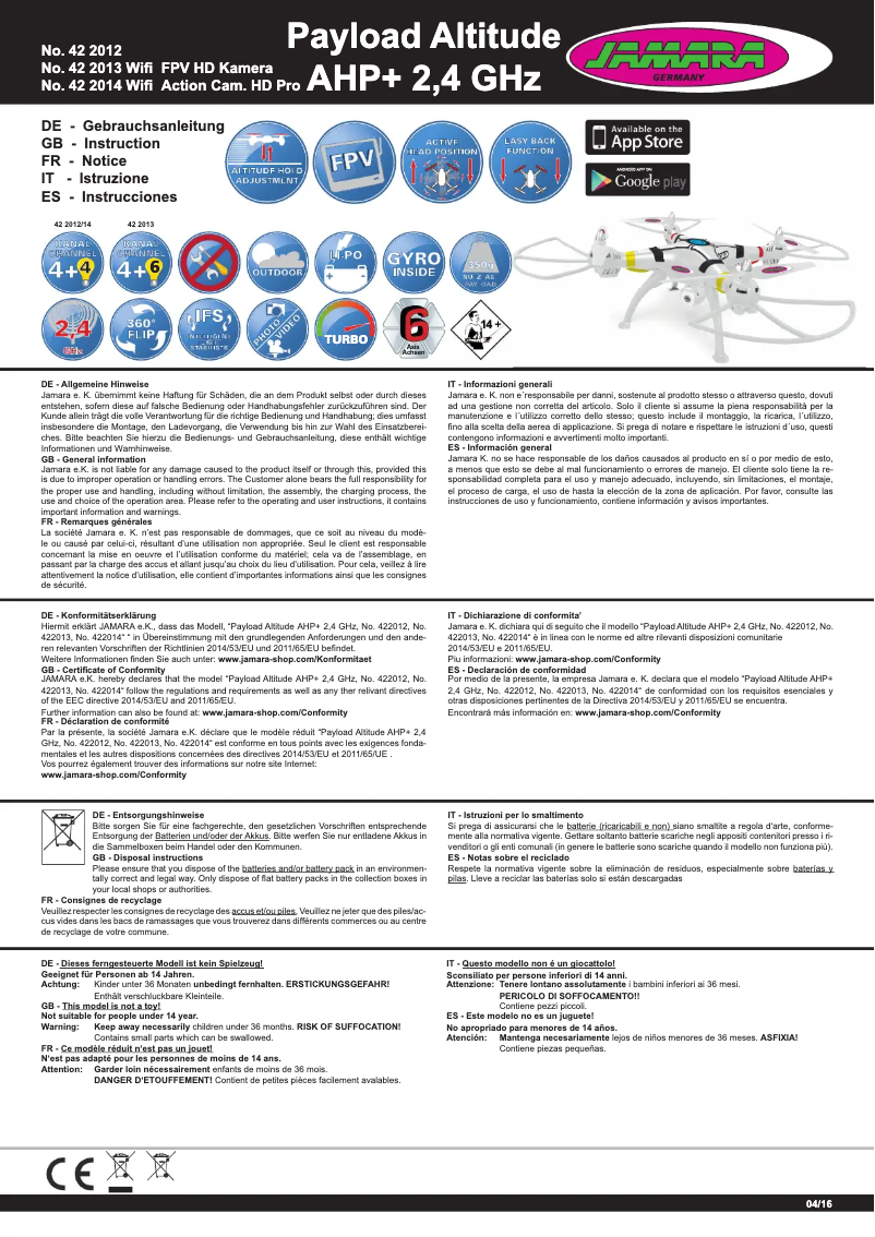 Page 1 de la notice Manuel utilisateur Jamara Payload Altitude