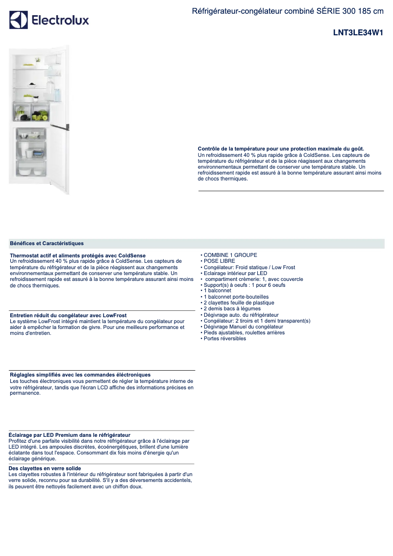 Page 1 de la notice Fiche technique Electrolux LNT3LE34W1