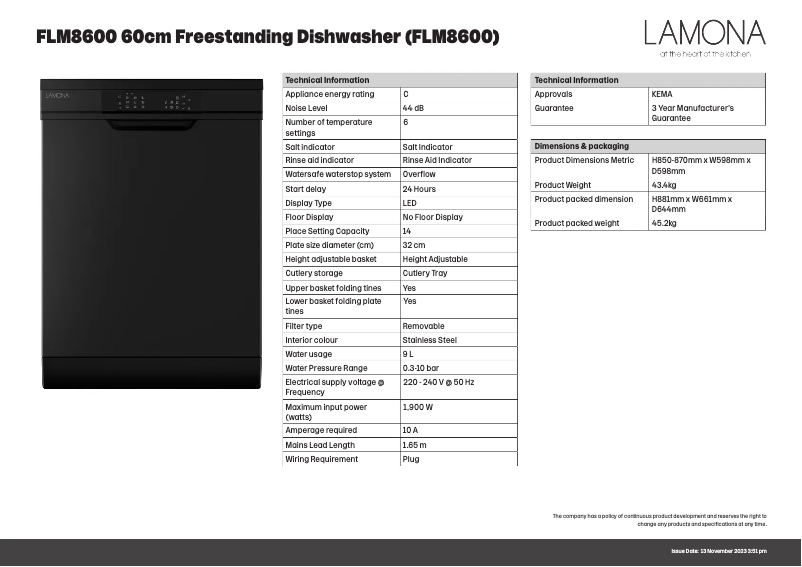 Page n°1 - Fiche technique Lamona FLM8600