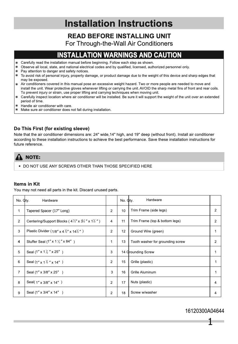 Page 1 de la notice Guide d'installation Frigidaire FFTH0822R1