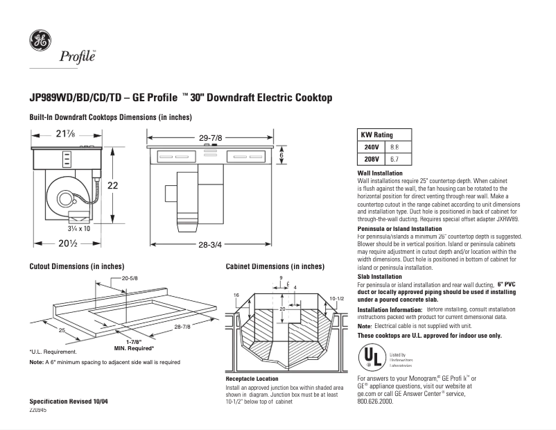 Página 1 del manual Ficha técnica GE Profile JP989WDWW