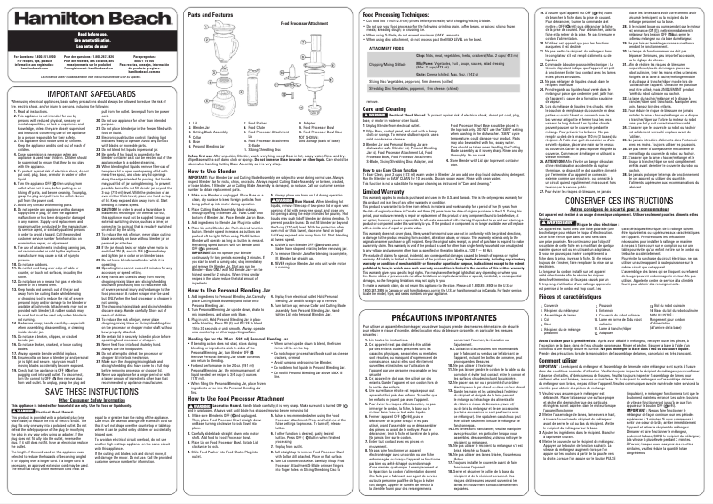 Page 1 de la notice Manuel utilisateur Hamilton Beach 58176