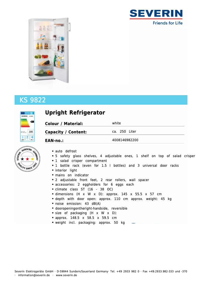 Page 1 de la notice Fiche technique Severin KS 9822