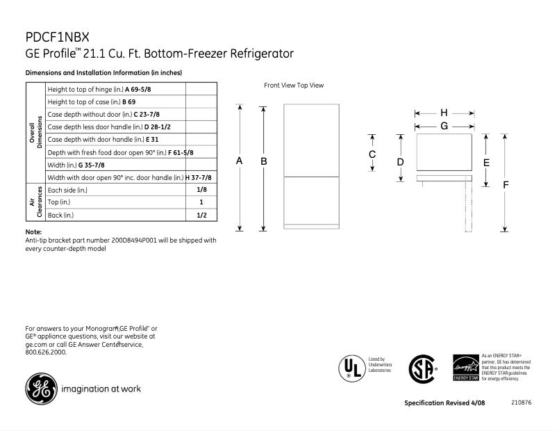 Page n°1 - Fiche technique GE Profile PDCF1NBXWW