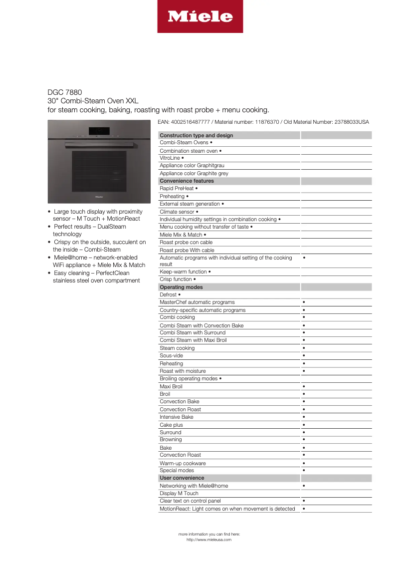 Page 1 de la notice Fiche technique Miele DGC 7880