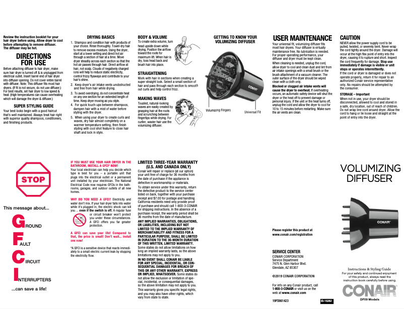 Page 1 de la notice Manuel utilisateur Conair DF09NT