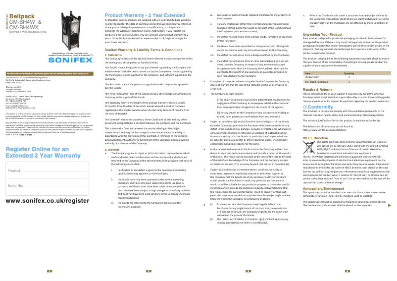 Page 1 de la notice Manuel utilisateur Sonifex CM-BH4W