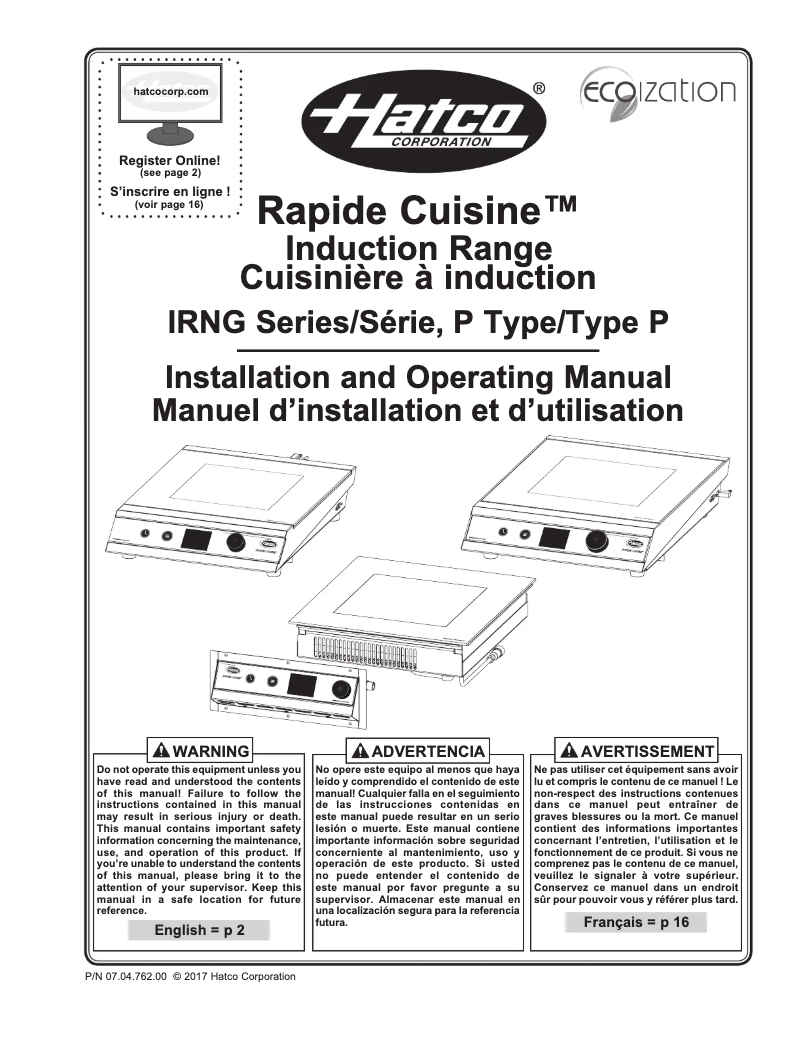 Page 1 de la notice Manuel utilisateur Hatco Rapide Cuisine IRNG-PC1-14