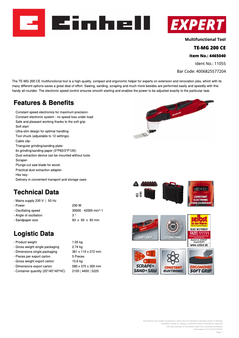 Page 1 de la notice Fiche technique Einhell TE-MG 200 CE