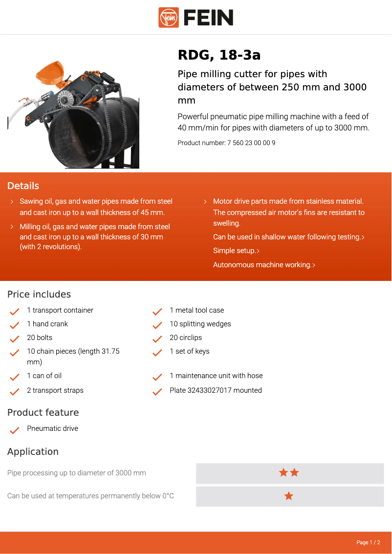 Page n°1 - Fiche technique Fein RDG 18-3a