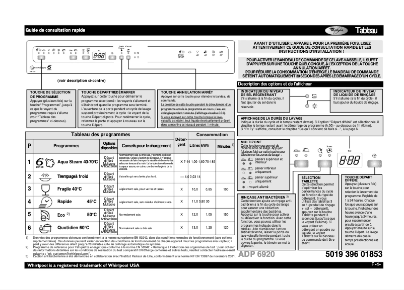 Page 1 de la notice Manuel utilisateur Whirlpool ADP 6920