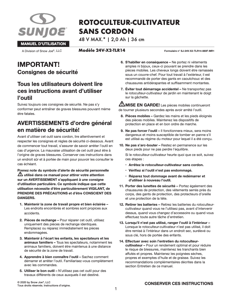 Page 1 de la notice Manuel utilisateur Sun Joe BDL-A0200