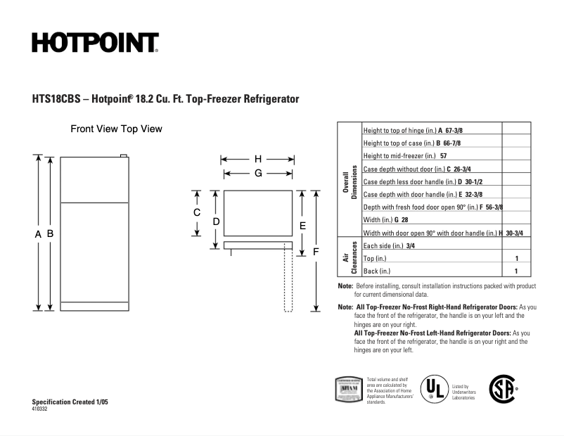 Page 1 de la notice Fiche technique Hotpoint HTS18CBSRCC