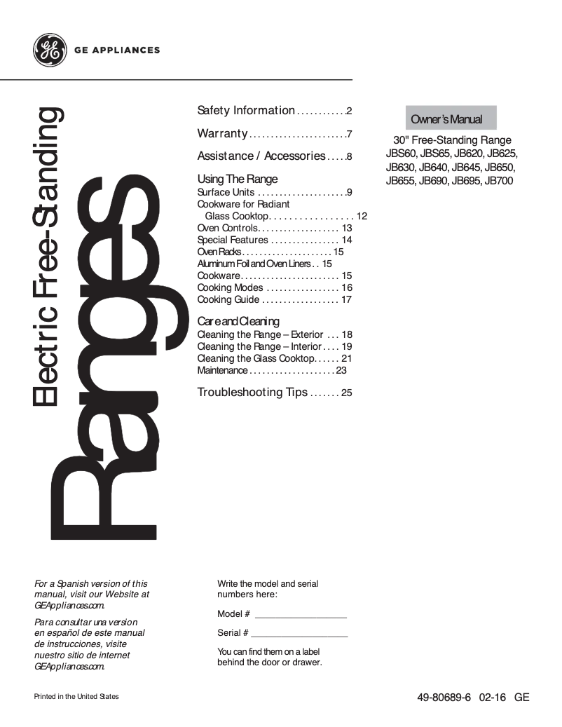 Page 1 de la notice Manuel utilisateur GE JB645DKBB