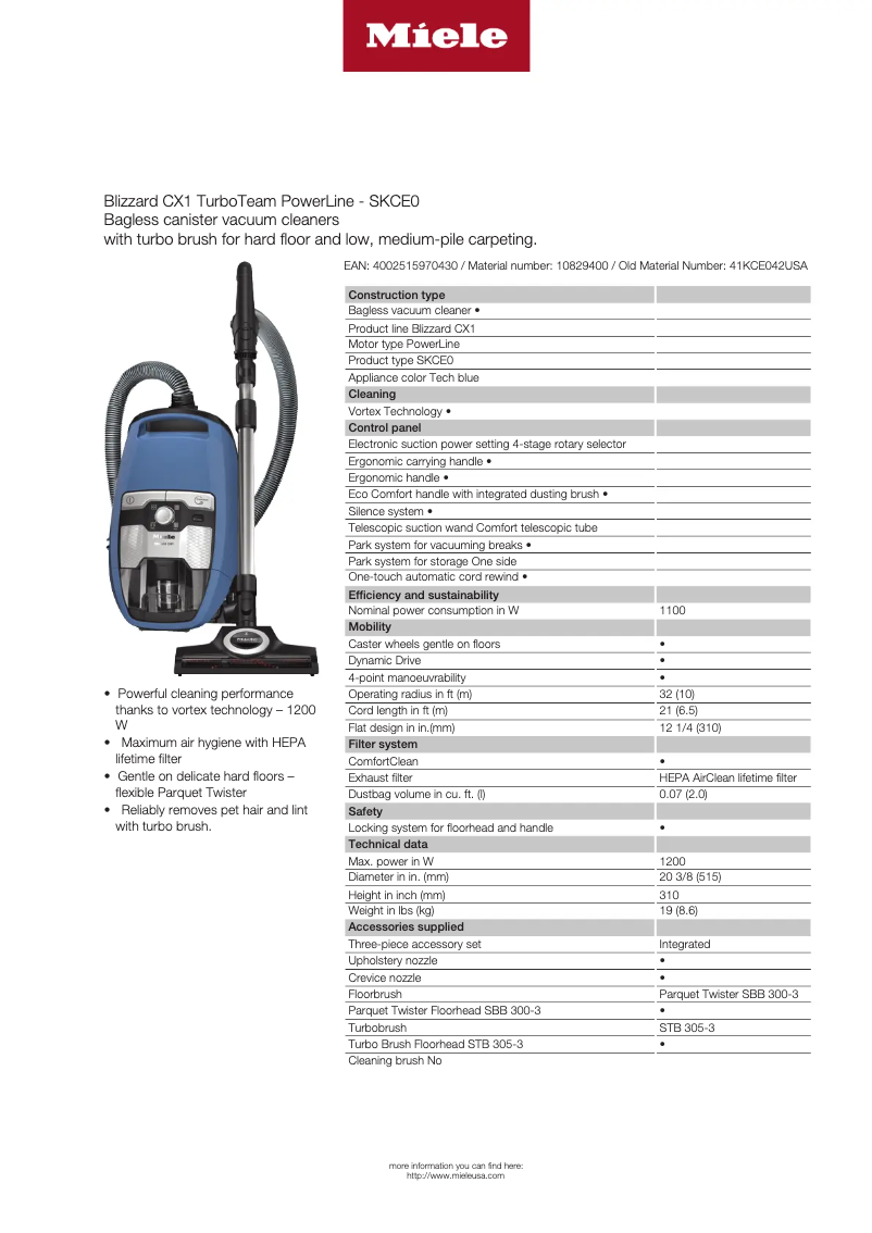 Page n°1 - Fiche technique Miele Blizzard CX1 TurboTeam