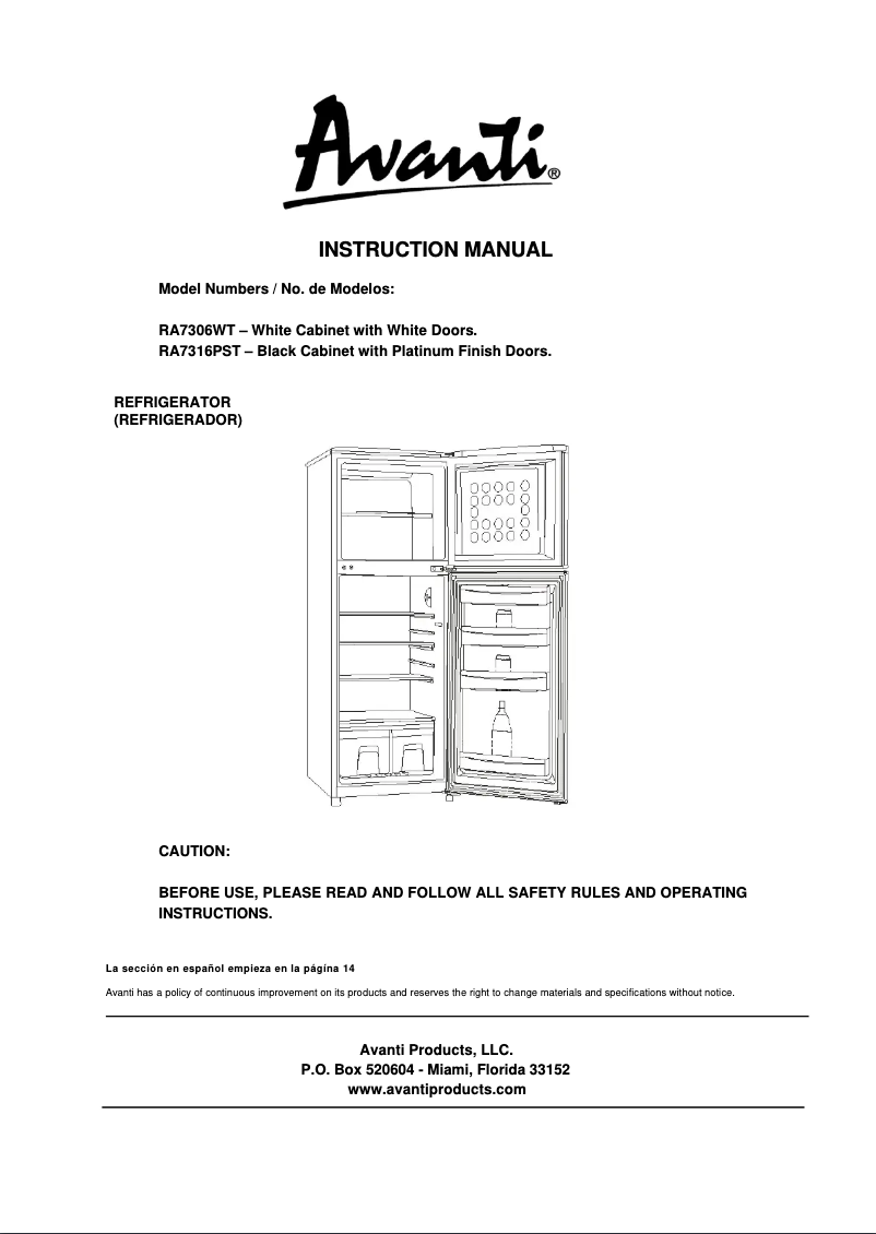 Page 1 de la notice Manuel d'utilisation et d'entretien Avanti RA7316