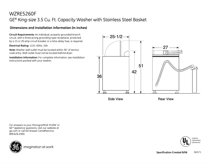 Page n°1 - Fiche technique GE WZRE5260FGG