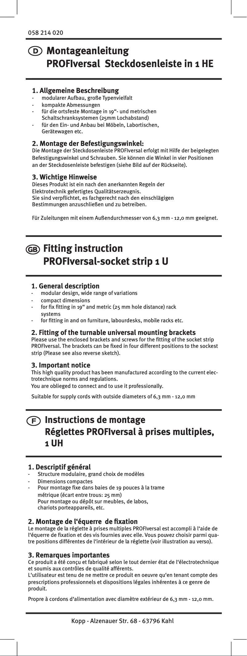Page 1 de la notice Manuel utilisateur Kopp PROFIversal
