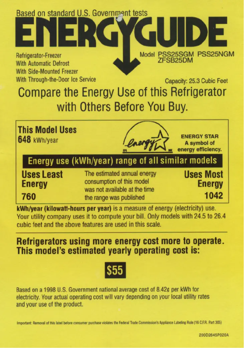 Página 1 del manual Etiqueta energética GE PSS25NGMWW