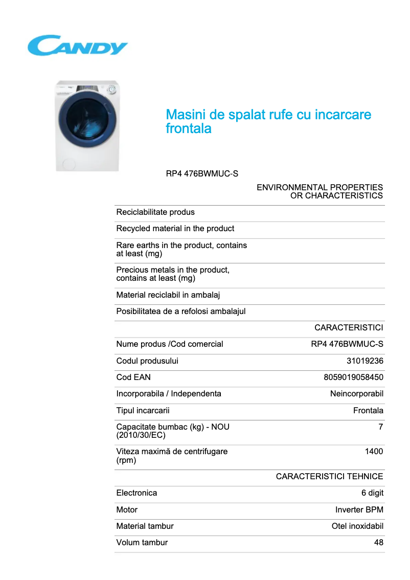 Page 1 de la notice Fiche technique Candy RP4 476BWMUC-S