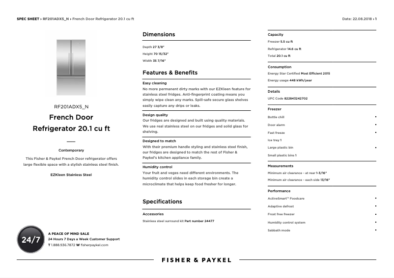 Page n°1 - Fiche technique Fisher & Paykel RF201ADX5 N
