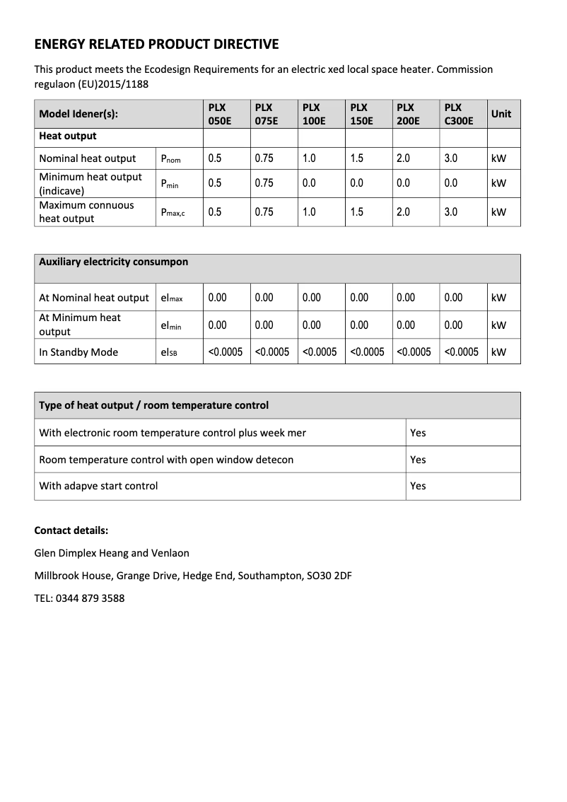 Page 1 de la notice Fiche technique Dimplex PLX125E