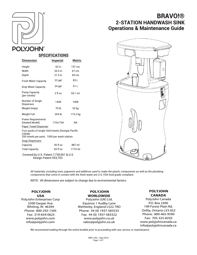 Page n°1 - Manuel utilisateur PolyJohn Bravo BRA2-2000