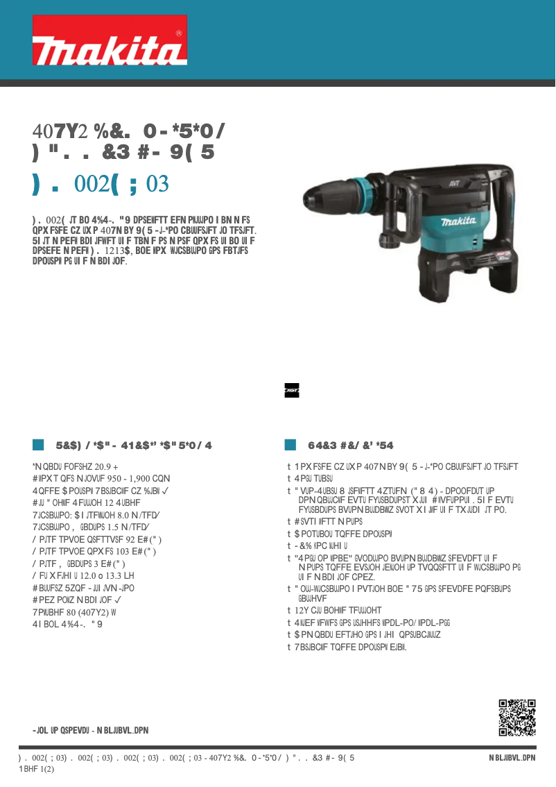 Página 1 del manual Ficha técnica Makita HM002GZ03