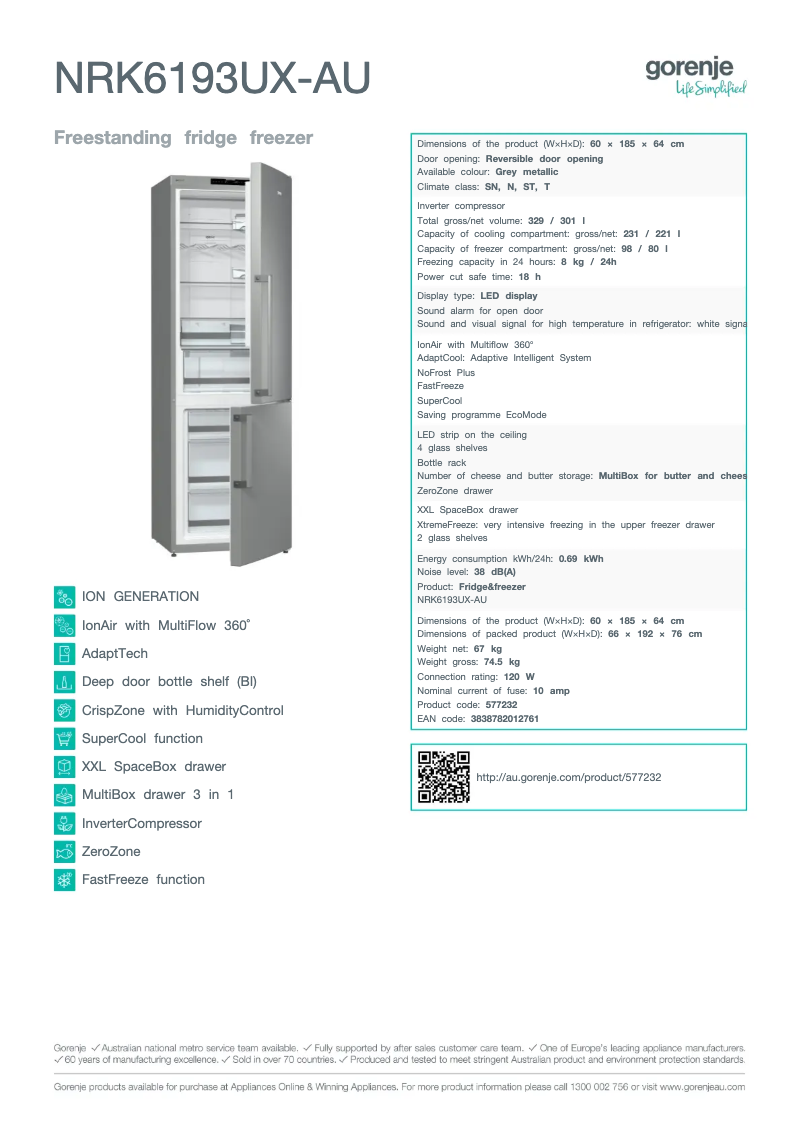 Page n°1 - Fiche technique Gorenje NRK6193UX-AU