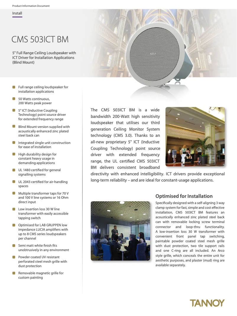 Page 1 de la notice Fiche technique Tannoy CMS 503ICT BM