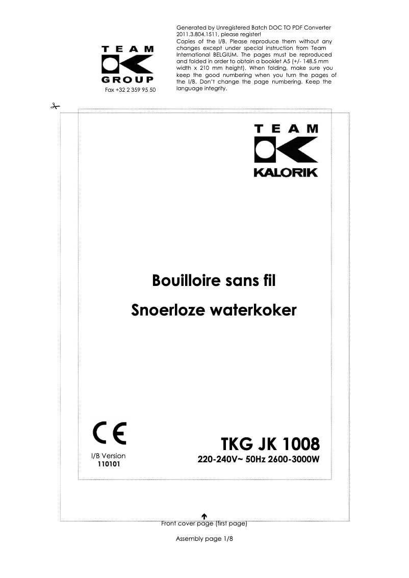 Image de la première page du manuel de l'appareil TKG JK 1008