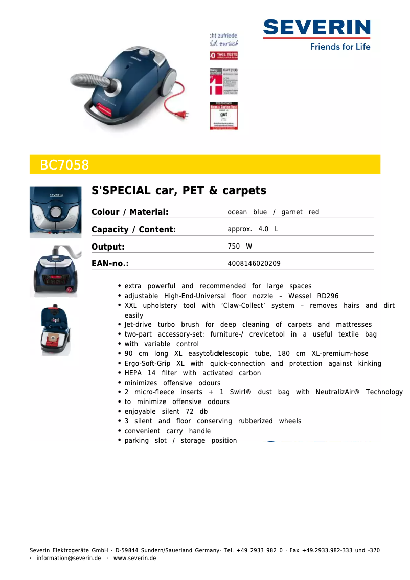Page n°1 - Fiche technique Severin BC7058