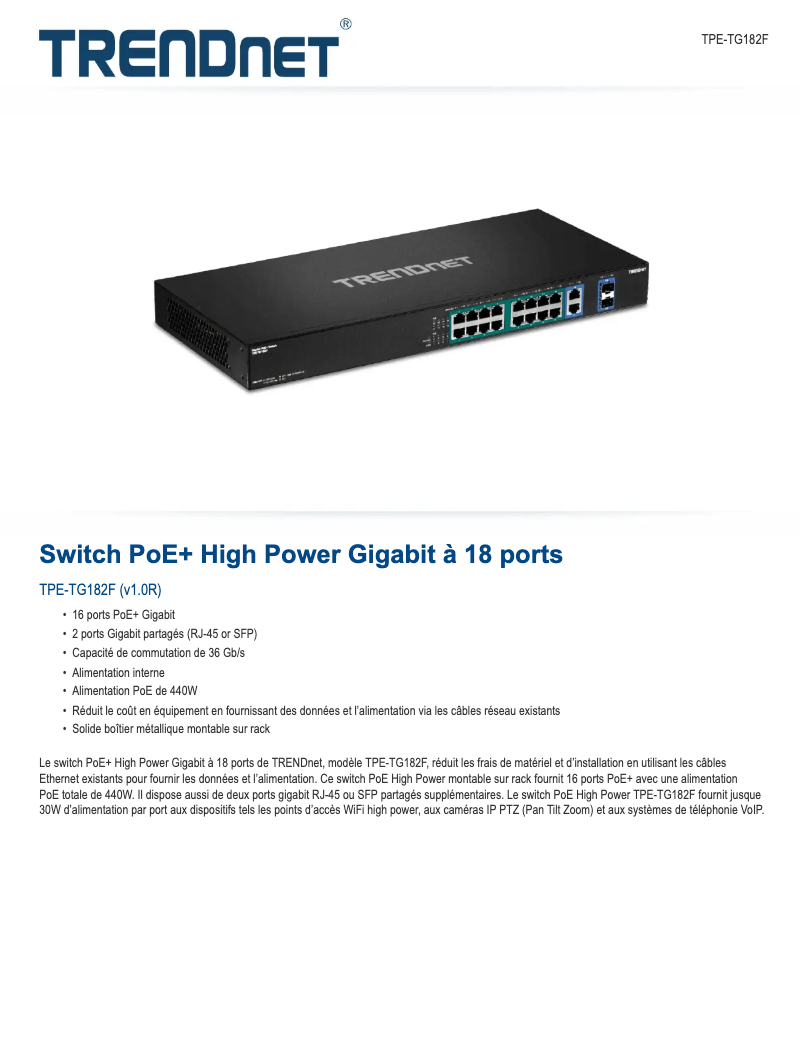 Page 1 de la notice Fiche technique TRENDnet TPE-TG182F