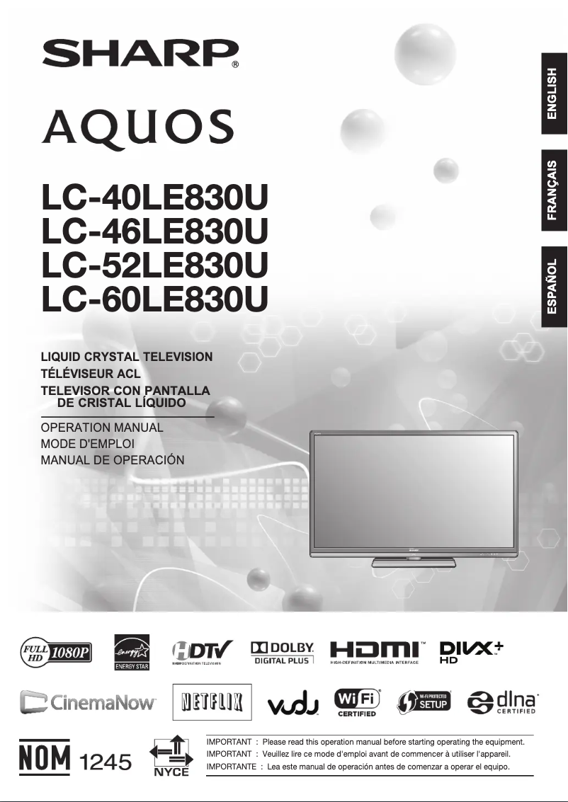Page 1 de la notice Manuel utilisateur Sharp Aquos LC-60LE830U