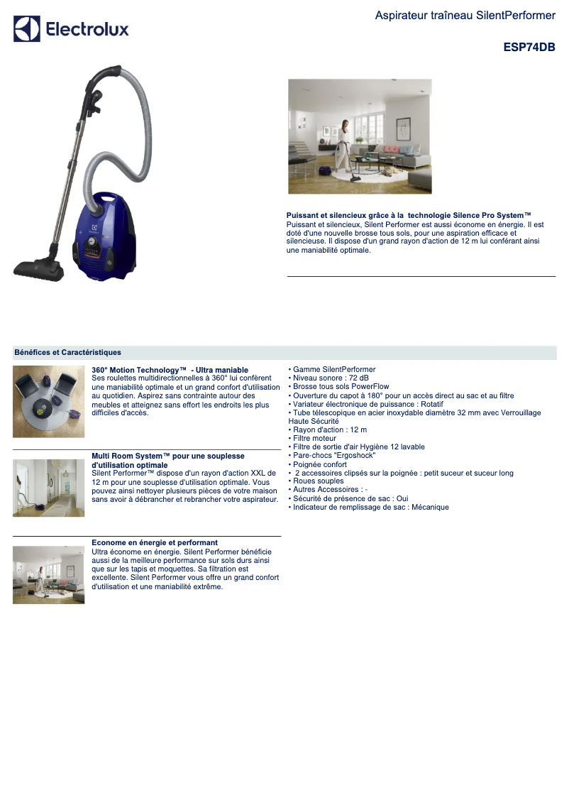 Page 1 de la notice Manuel utilisateur Electrolux SilentPerformer ESP74DB