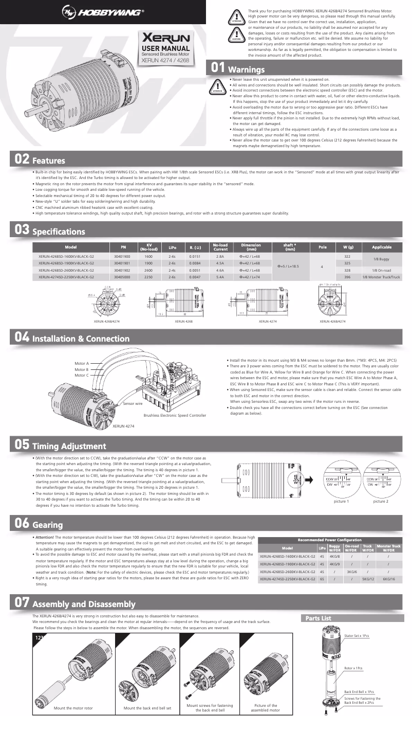Page 1 de la notice Manuel utilisateur Hobbywing XeRun-4268SD-1900KV-G2