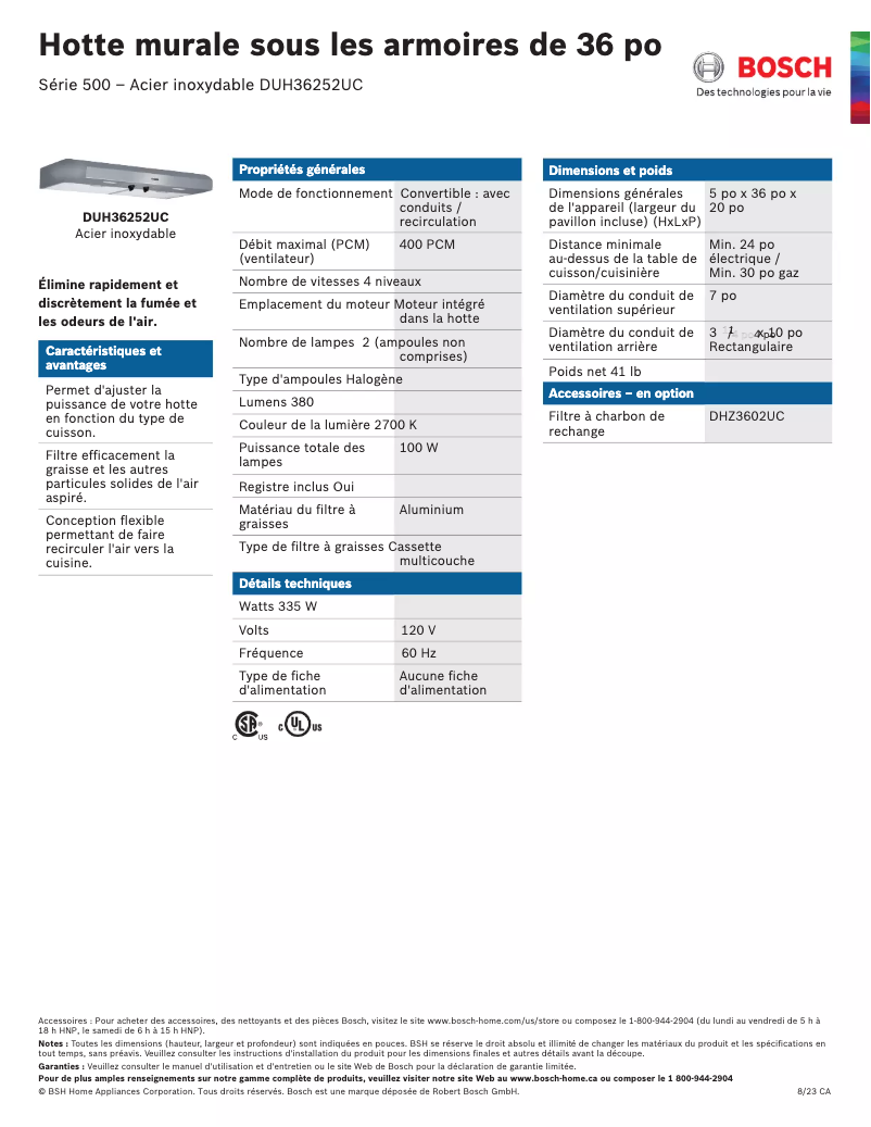Page 1 de la notice Fiche technique Bosch DUH36252UC