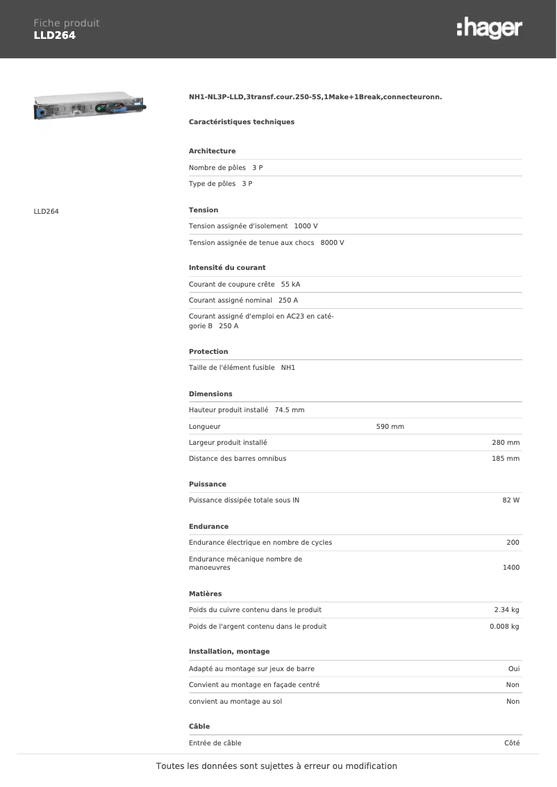 Page 1 de la notice Fiche technique Hager LLD264