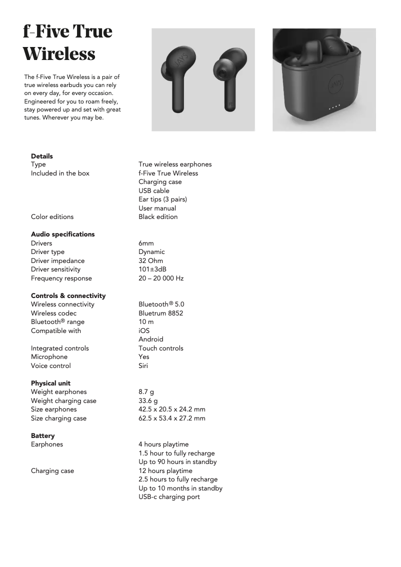 Page 1 de la notice Fiche technique JAYS f-Five