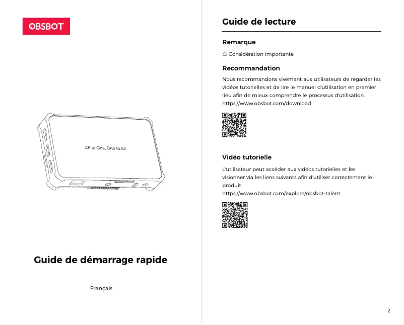 Page n°1 - Guide de démarrage rapide OBSBOT Talent